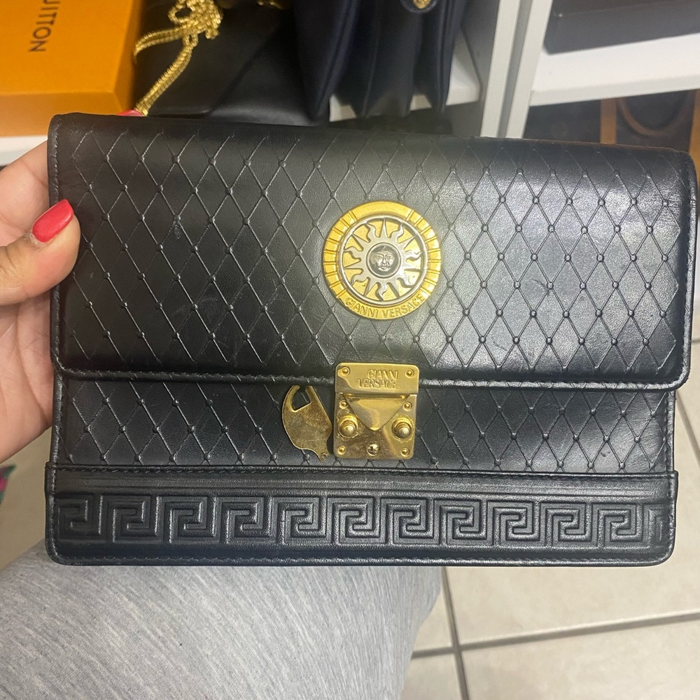 Versace Black Quilted Leather Clutch with Gold Accents with Dustbag